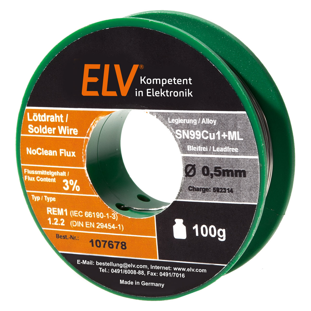 ELV No-Clean Lötzinn bleifrei Sn99Cu1+ML- 0-5 mm- 100 g