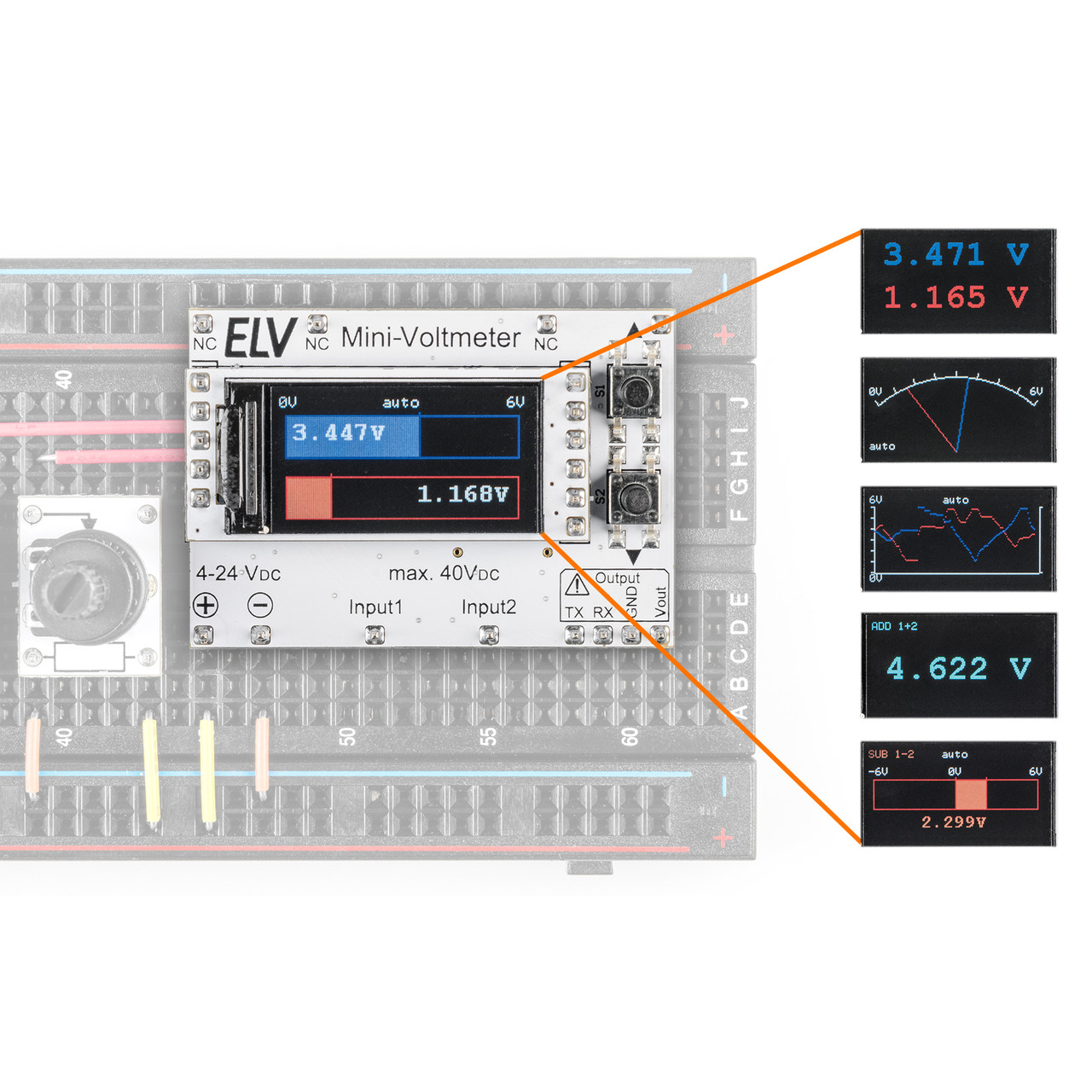 ELV Bausatz Mini-Voltmeter für Steckboards mit TFT-Display- MVM1