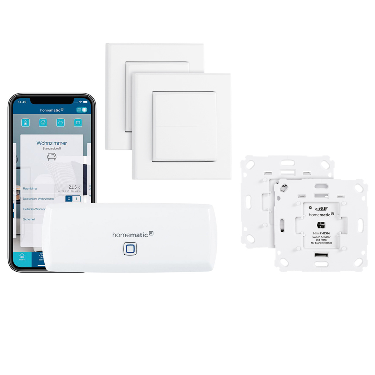 Homematic IP Smart Home Set Beleuchtung mit WLAN-HAP- 2x Schalt-Mess-Aktor- 2x Tasterwippe unter Hausautomation