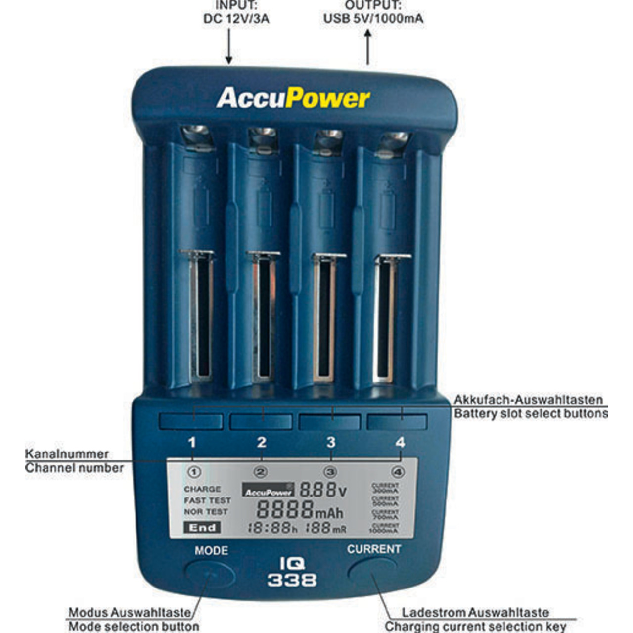 AccuPower Ladegerät und Akku Analyzer IQ338 für Li-Ion - NiCd - NiMH