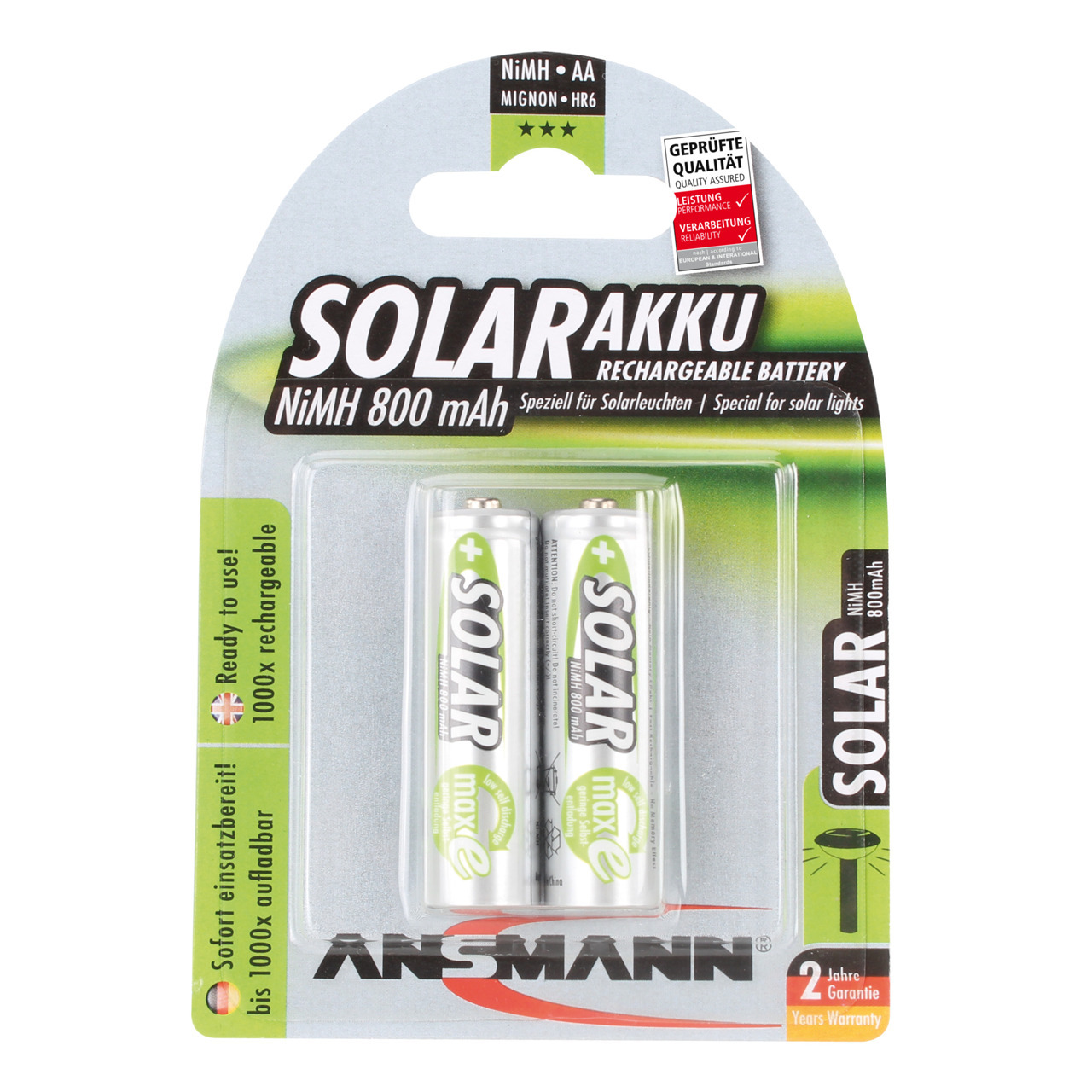Ansmann NiMH-Akku- Mignon Solar maxE AA 800 mAh- vorgeladen 2er Pack