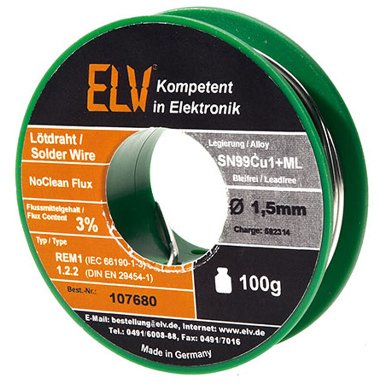 ELV No-Clean Lötzinn bleifrei Sn99Cu1+ML- 1-5 mm- 100 g