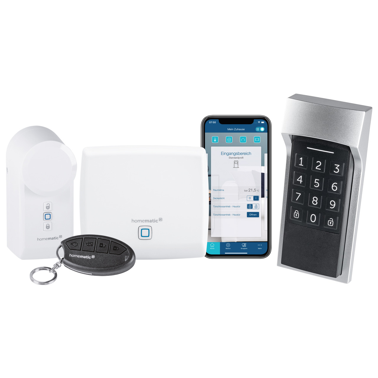 Homematic IP Smart Home Zugangslösung mit Access Point- Türschlossantrieb- Keypad und Fernbedienung unter Hausautomation
