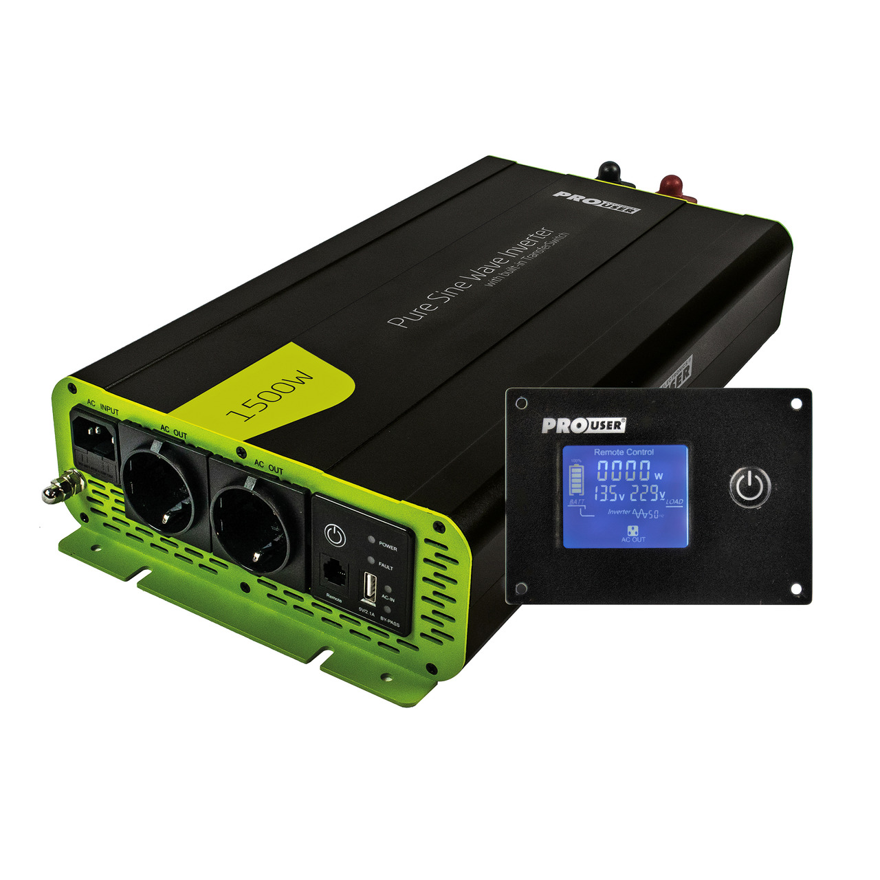 ProUser Spannungswandler PSI1500TX mit 1500 W- 12 V auf 230 V- mit Display und reiner Sinuswelle unter Stromversorgung