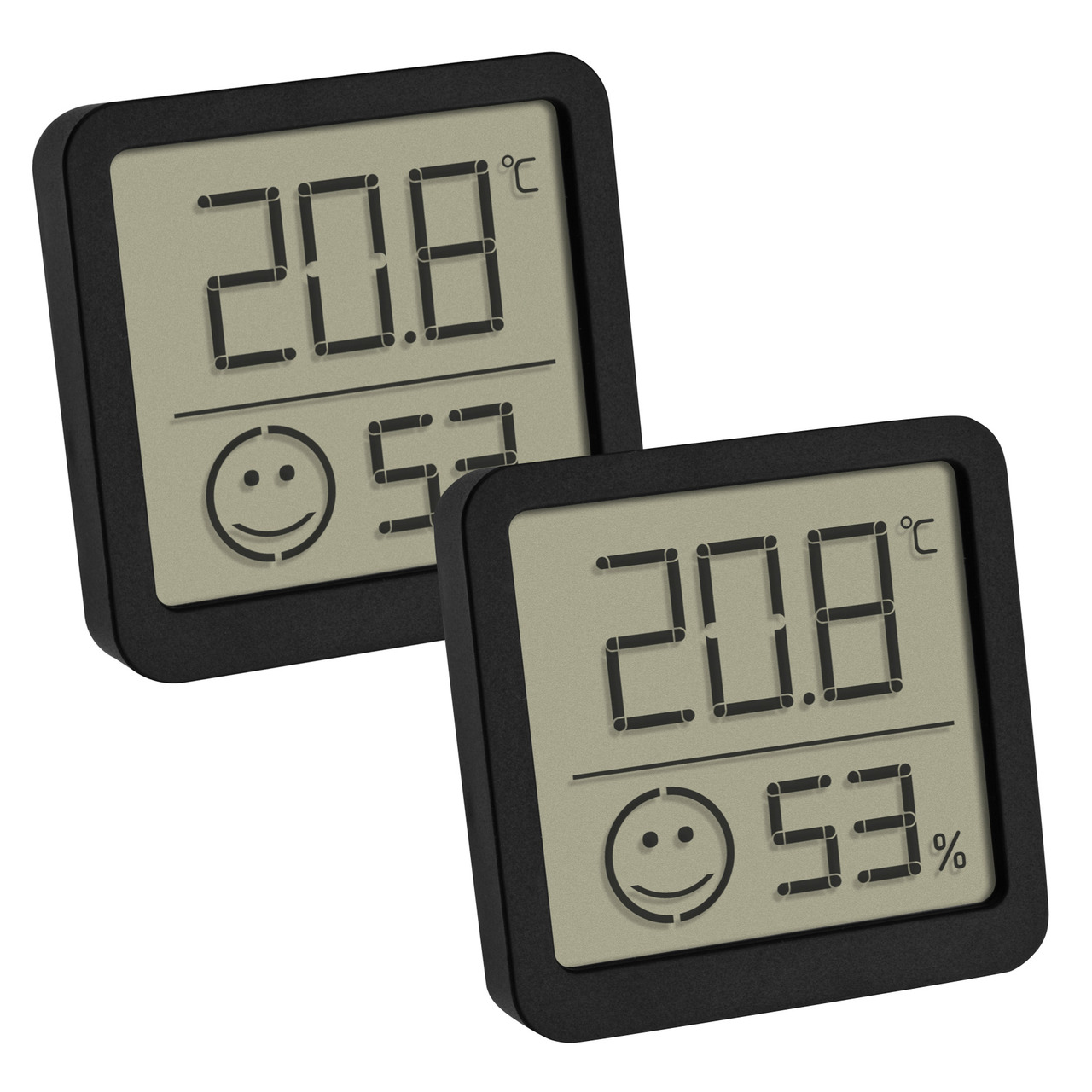 TFA 2er-Set Thermo-Hygrometer mit Smiley-Klimakomfortanzeige- Raumtemperatur- Luftfeuchte- schwarz